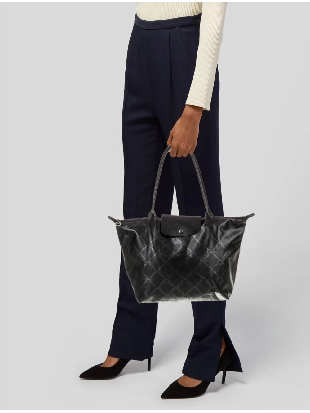 LONGCHAMP Le Pliage S Coated Canvas Horse Pattern Tote Bag Black Small - Picture 13 of 14